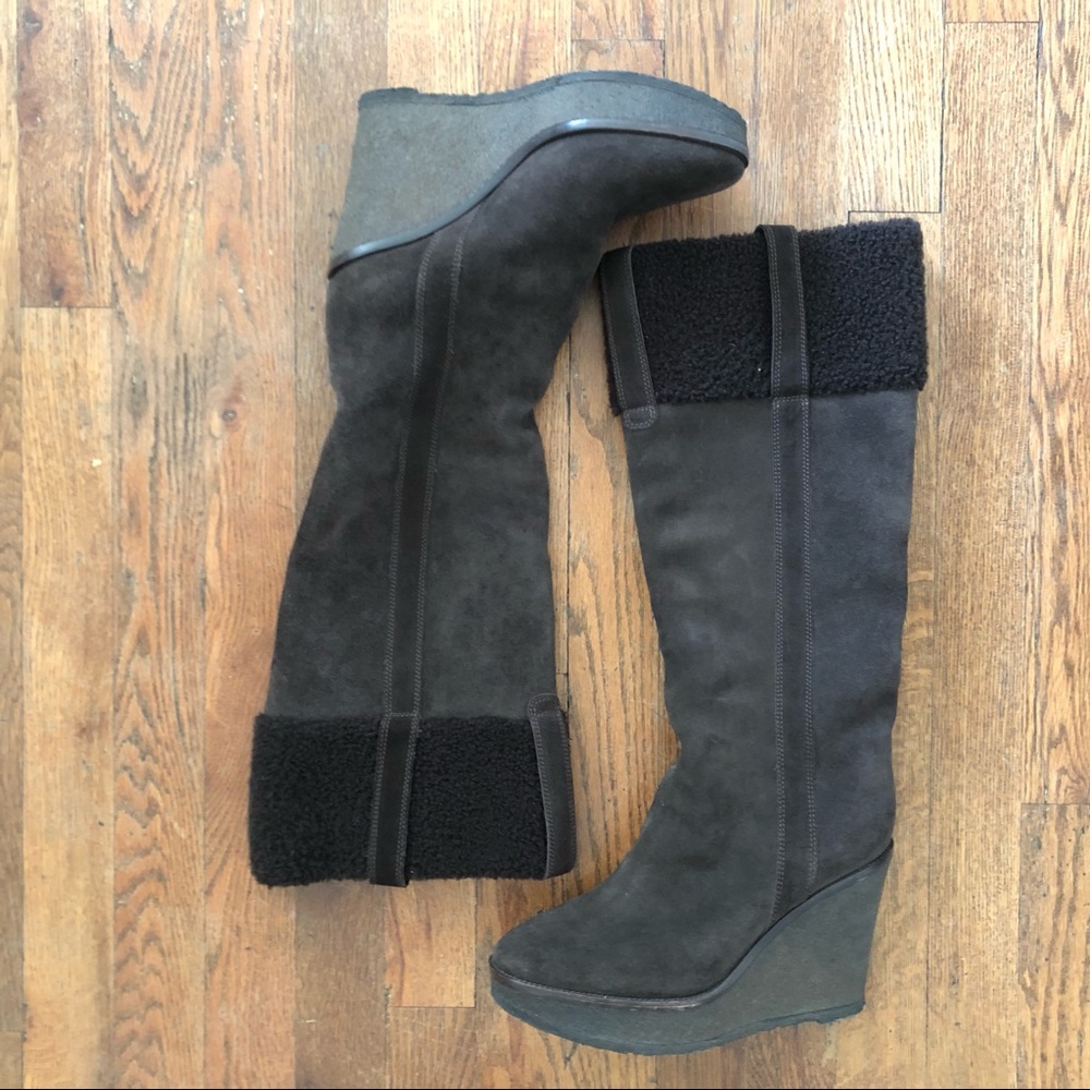 Yves Saint Laurent Dark Gray Suede Wedge Knee Boots